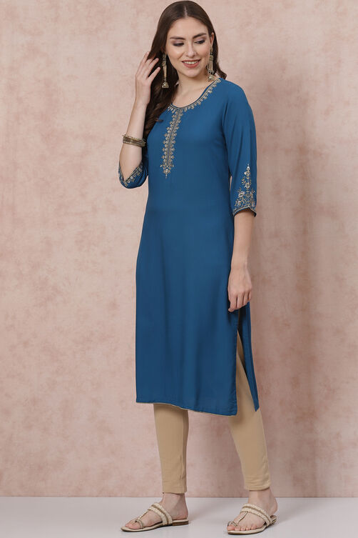 Petrol Blue LIVA Straight Kurta image number 3